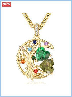 7 Chakra Tree of Life Pendant Necklace 14k Gold Plated Double Birthstone